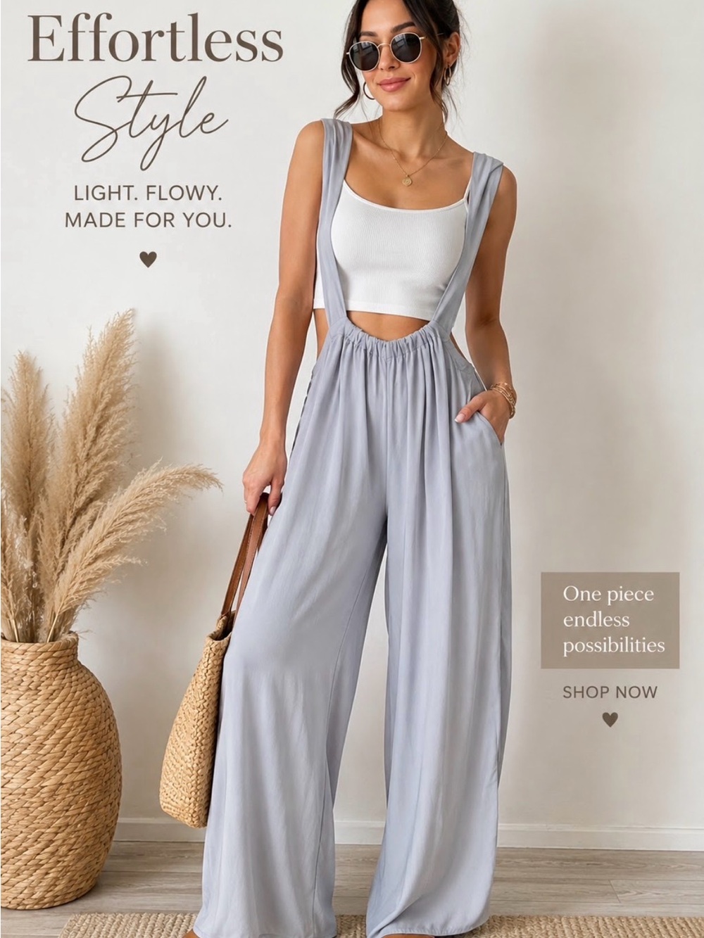 Zenana Tie Back Light Grey Suspender Jumpsuit pockets - lightweight Sz Large